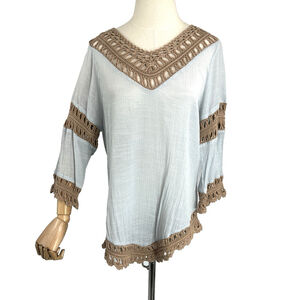 Soft Surroundings Crochet Tunic Top Large Blue Tan 3/4 Sleeve Boho Beach Coastal